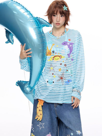 BETWEENAND Ocean Swirl Printed Striped Women&