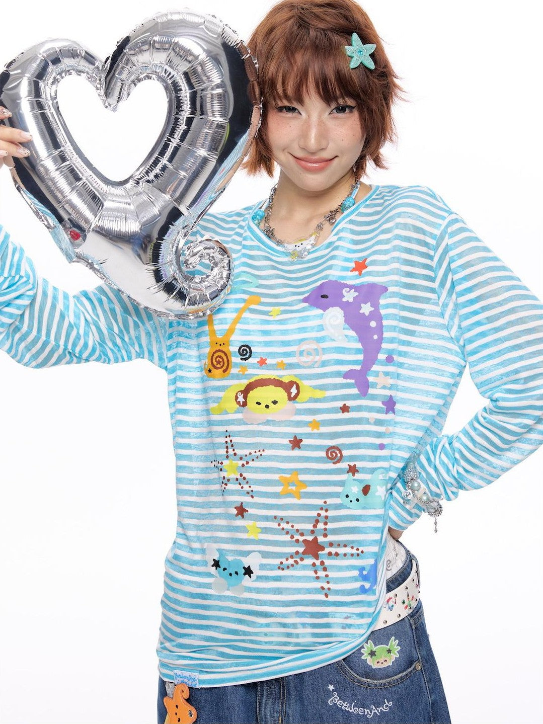 BETWEENAND Ocean Swirl Printed Striped Women&