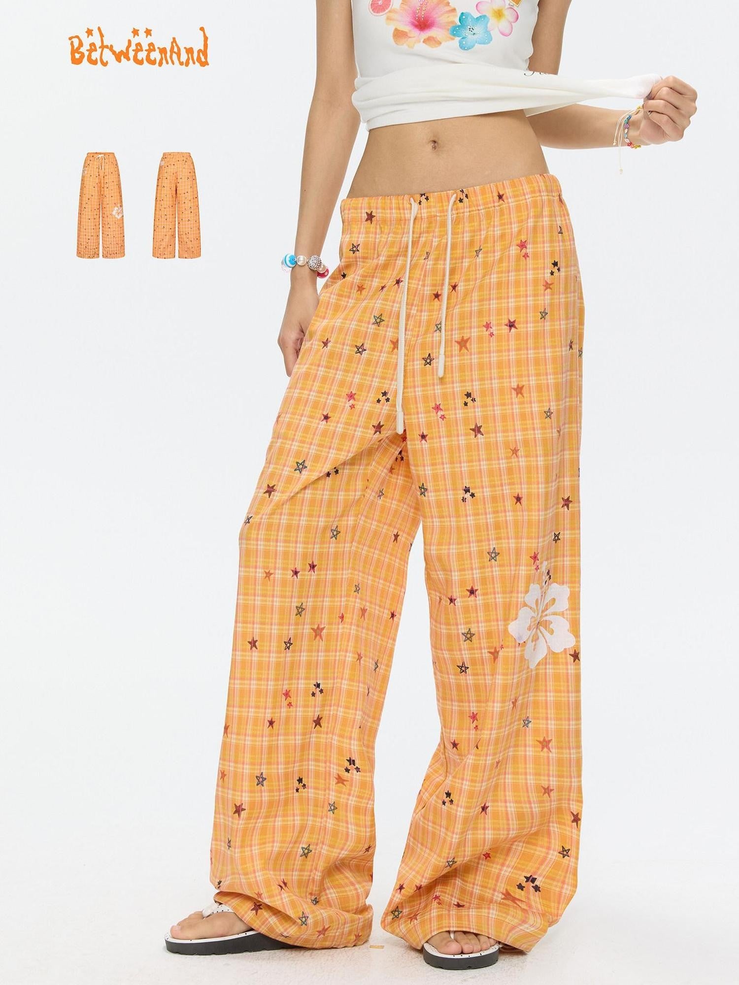 BETWEENAND Orange Stars Hibiscus Plaid Lightweight Women&