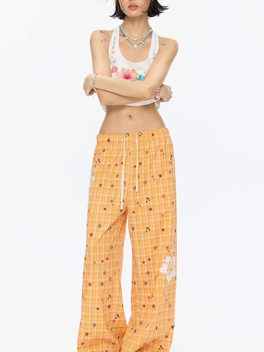 BETWEENAND Orange Stars Hibiscus Plaid Lightweight Women&