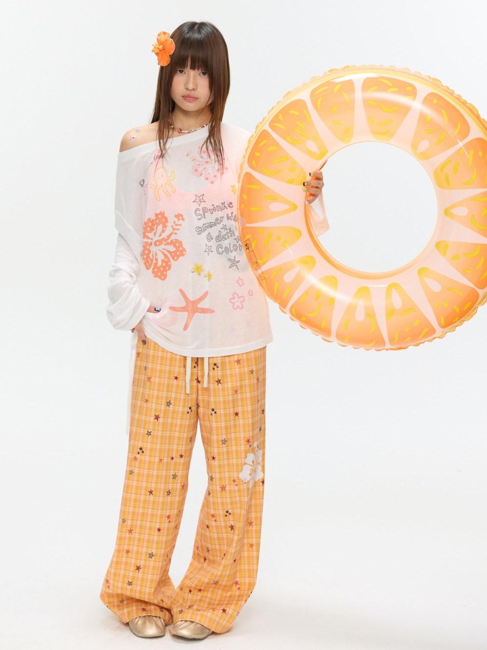 BETWEENAND Orange Stars Hibiscus Plaid Lightweight Women&