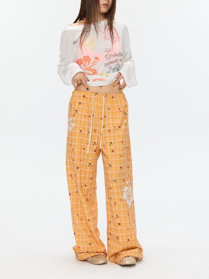 BETWEENAND Orange Stars Hibiscus Plaid Lightweight Women&
