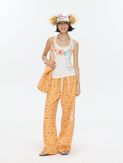 BETWEENAND Orange Stars Hibiscus Plaid Lightweight Women&