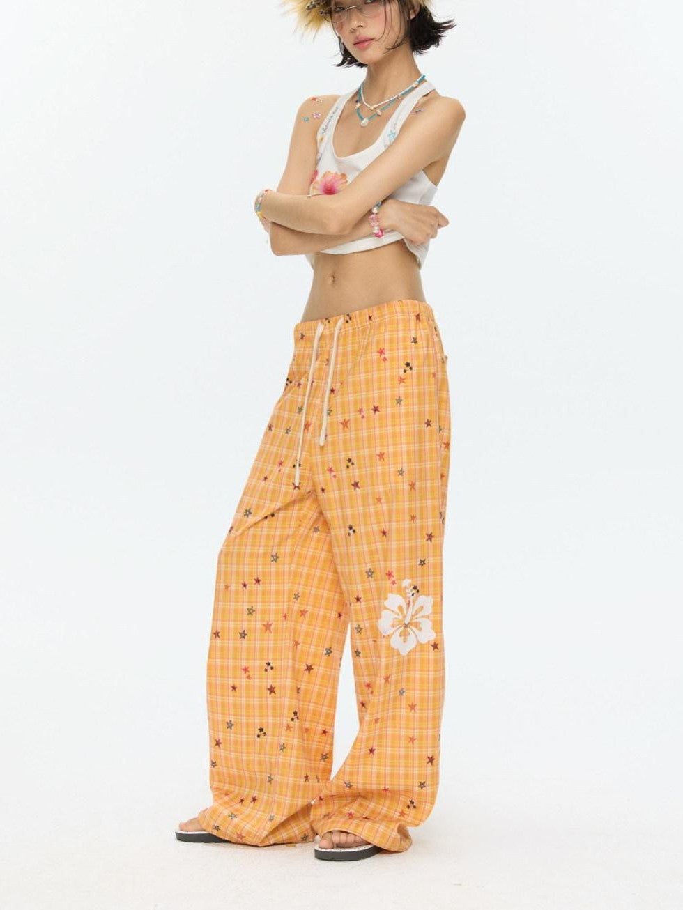 BETWEENAND Orange Stars Hibiscus Plaid Lightweight Women&
