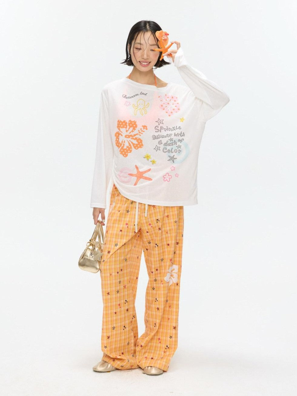 BETWEENAND Orange Stars Hibiscus Plaid Lightweight Women&