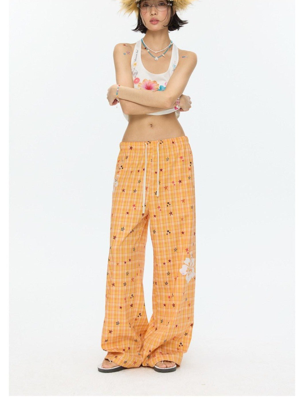 BETWEENAND Orange Stars Hibiscus Plaid Lightweight Women&