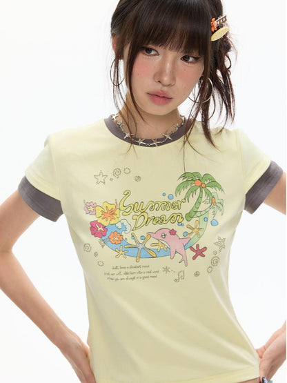 BETWEENAND Pale Yellow Polka Dot Colorblock Crewneck Women&
