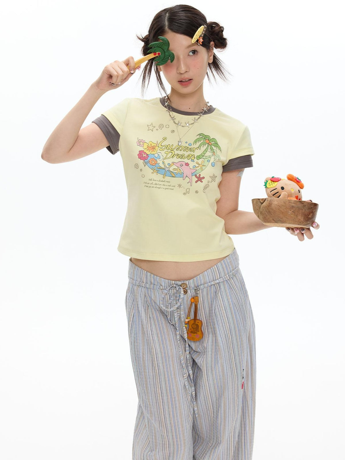 BETWEENAND Pale Yellow Polka Dot Colorblock Crewneck Women&