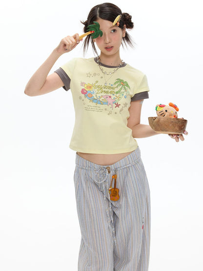 BETWEENAND Pale Yellow Polka Dot Colorblock Crewneck Women&