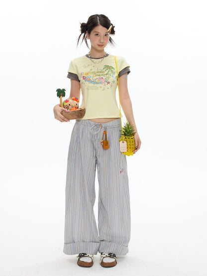 BETWEENAND Pale Yellow Polka Dot Colorblock Crewneck Women&