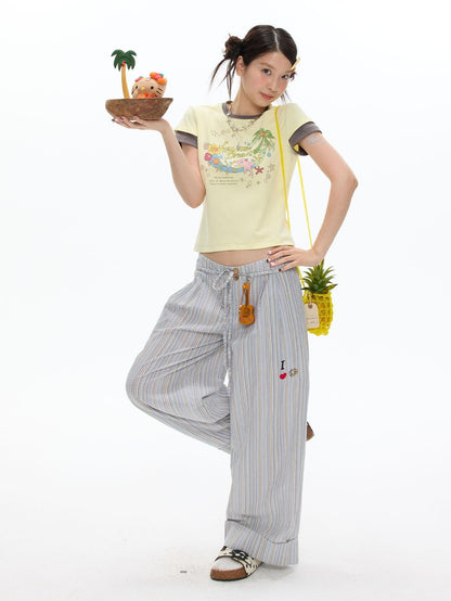 BETWEENAND Pale Yellow Polka Dot Colorblock Crewneck Women&