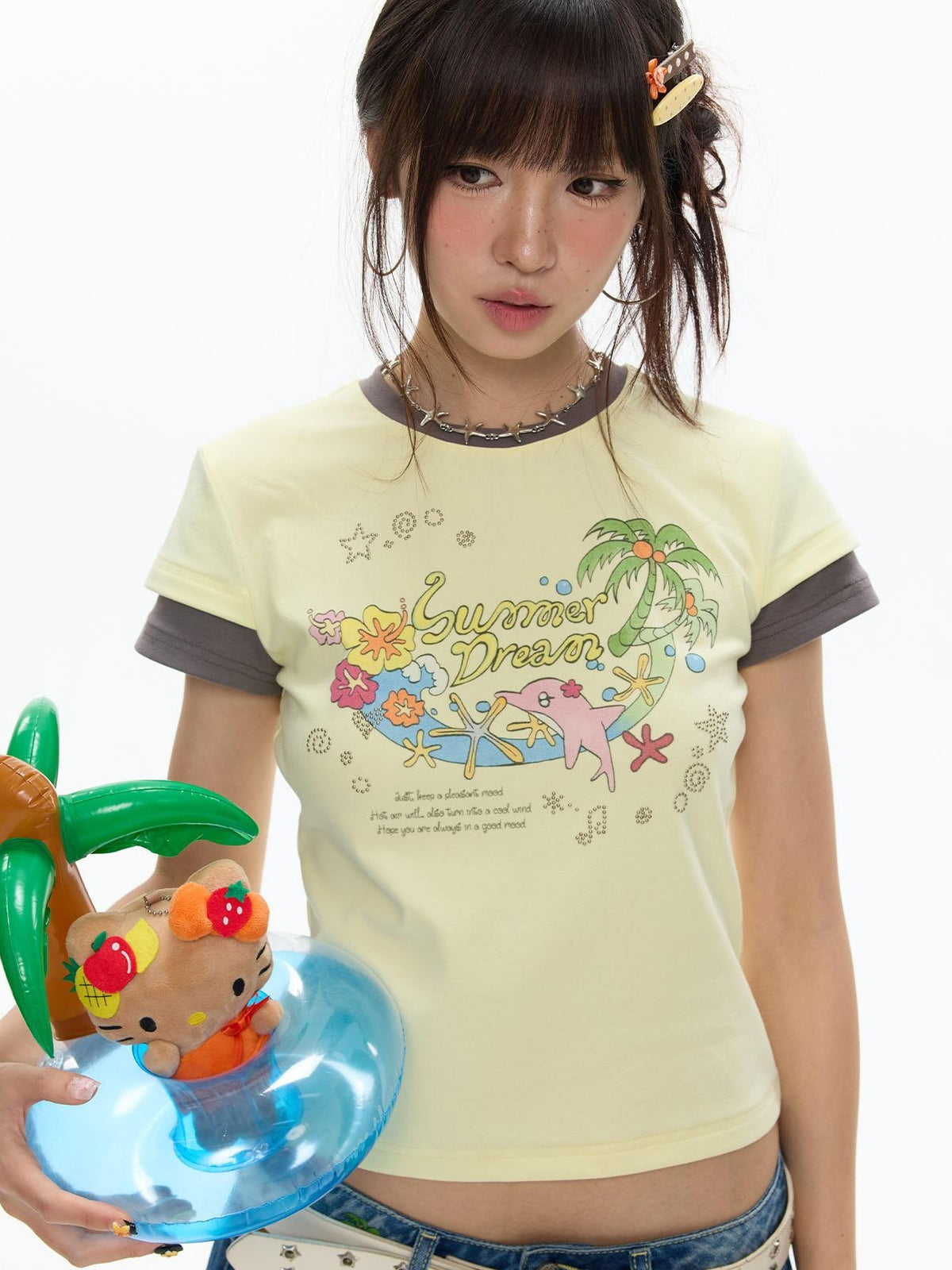 BETWEENAND Pale Yellow Polka Dot Colorblock Crewneck Women&