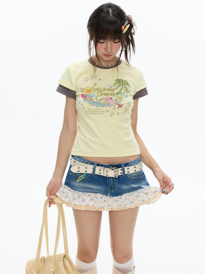 BETWEENAND Pale Yellow Polka Dot Colorblock Crewneck Women&