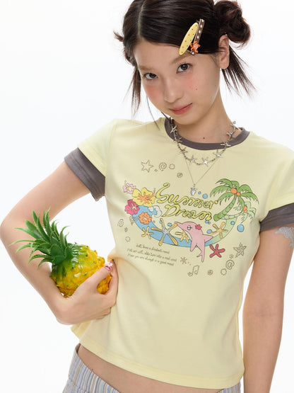 BETWEENAND Pale Yellow Polka Dot Colorblock Crewneck Women&