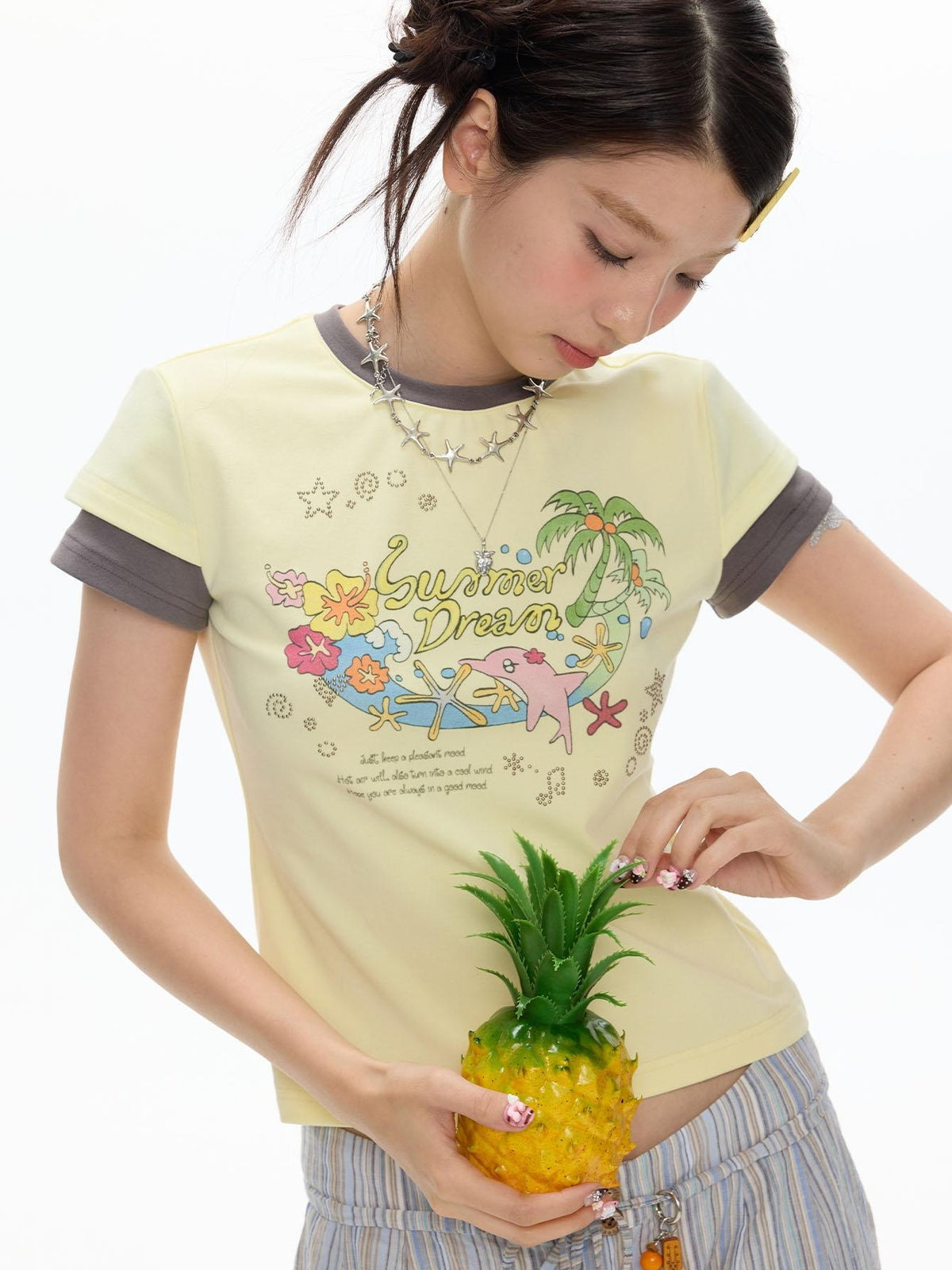 BETWEENAND Pale Yellow Polka Dot Colorblock Crewneck Women&