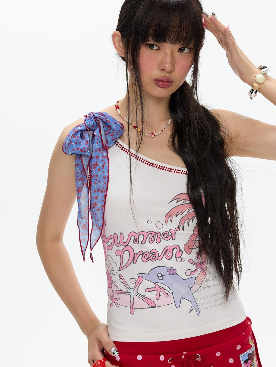 BETWEENAND Palm Dolphin Scarf Tie Asymmetric Shoulder Women&