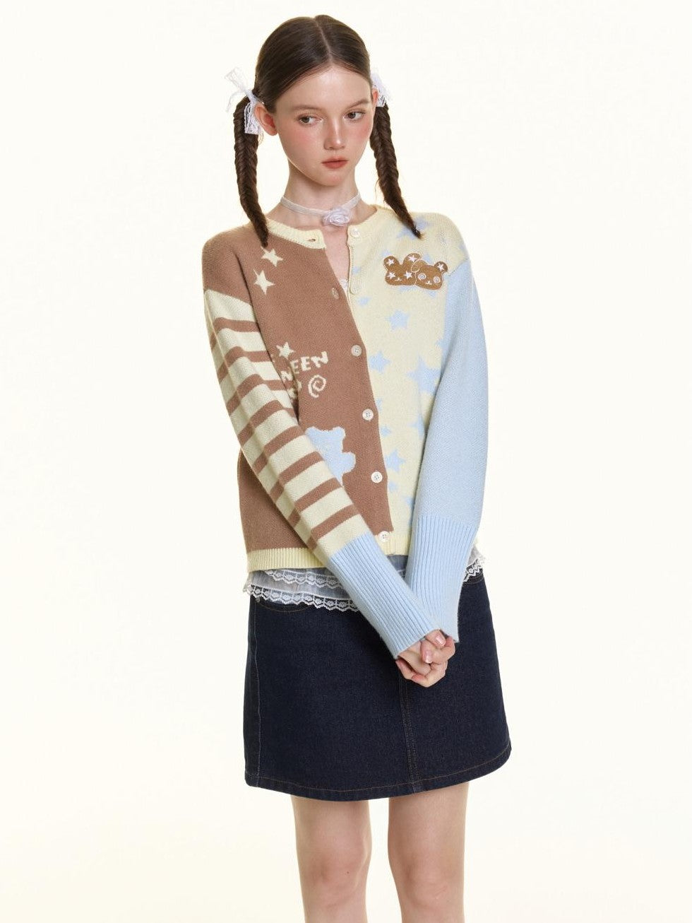 BETWEENAND Pastel Colorblock Star Embroidered Women&
