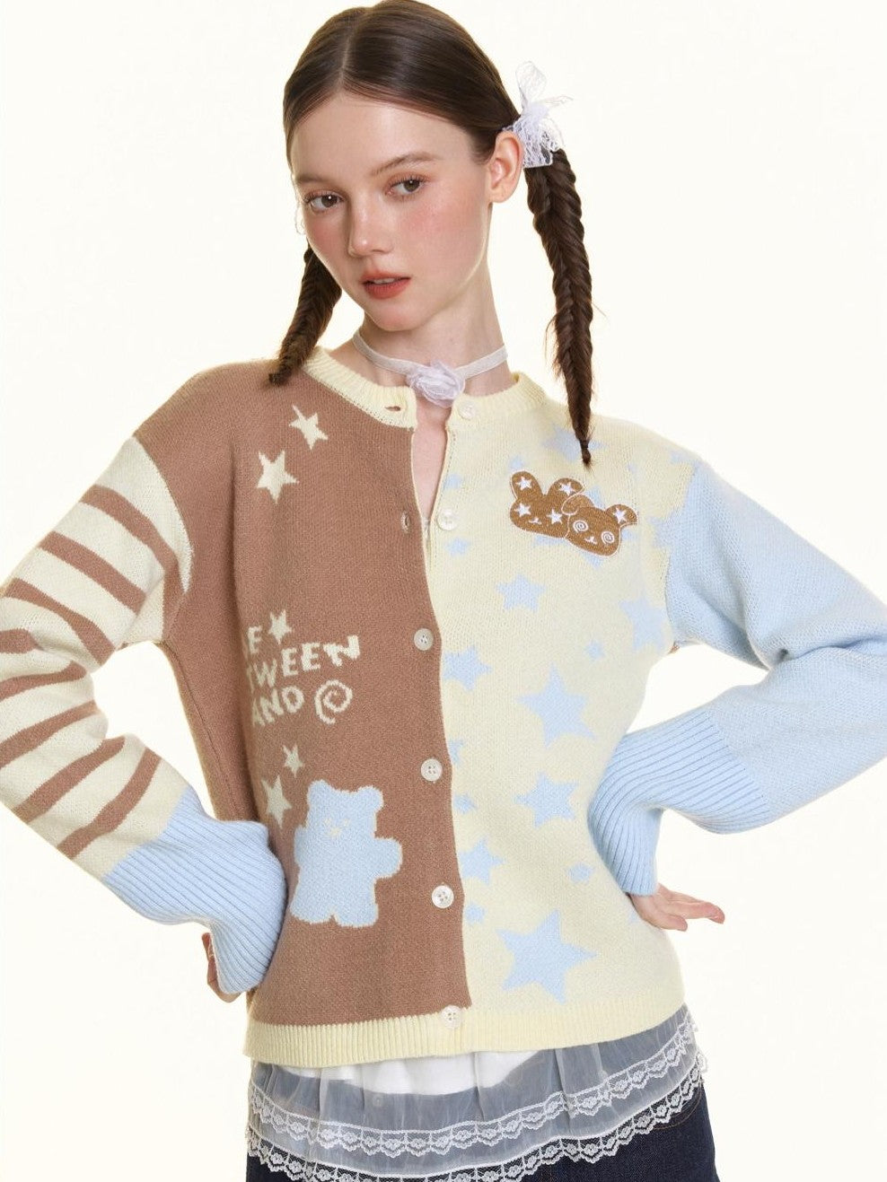 BETWEENAND Pastel Colorblock Star Embroidered Women&