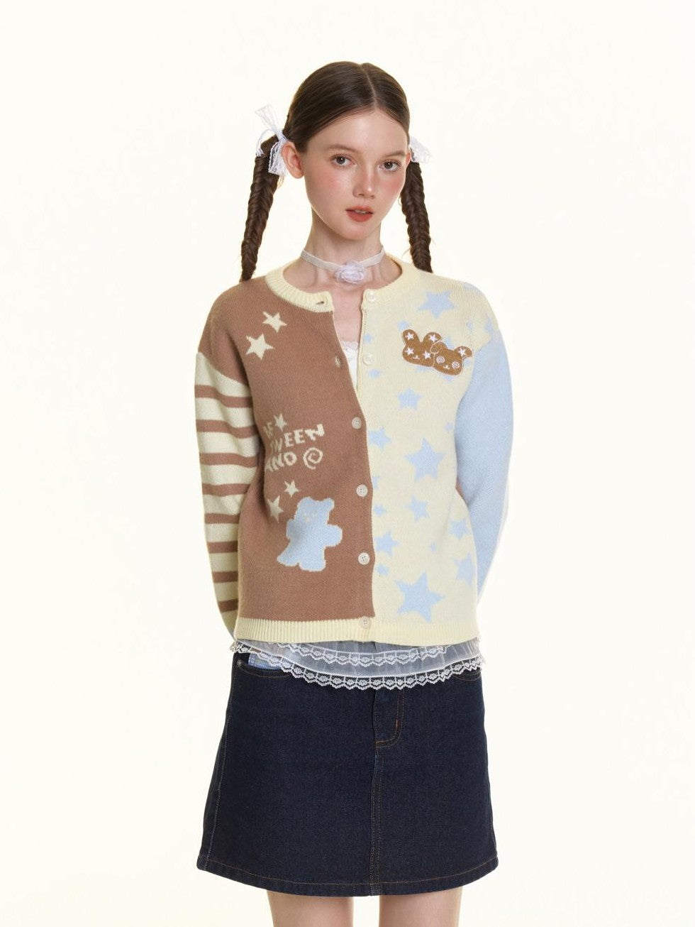 BETWEENAND Pastel Colorblock Star Embroidered Women&