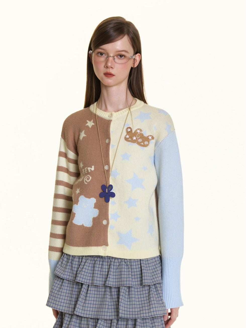 BETWEENAND Pastel Colorblock Star Embroidered Women&