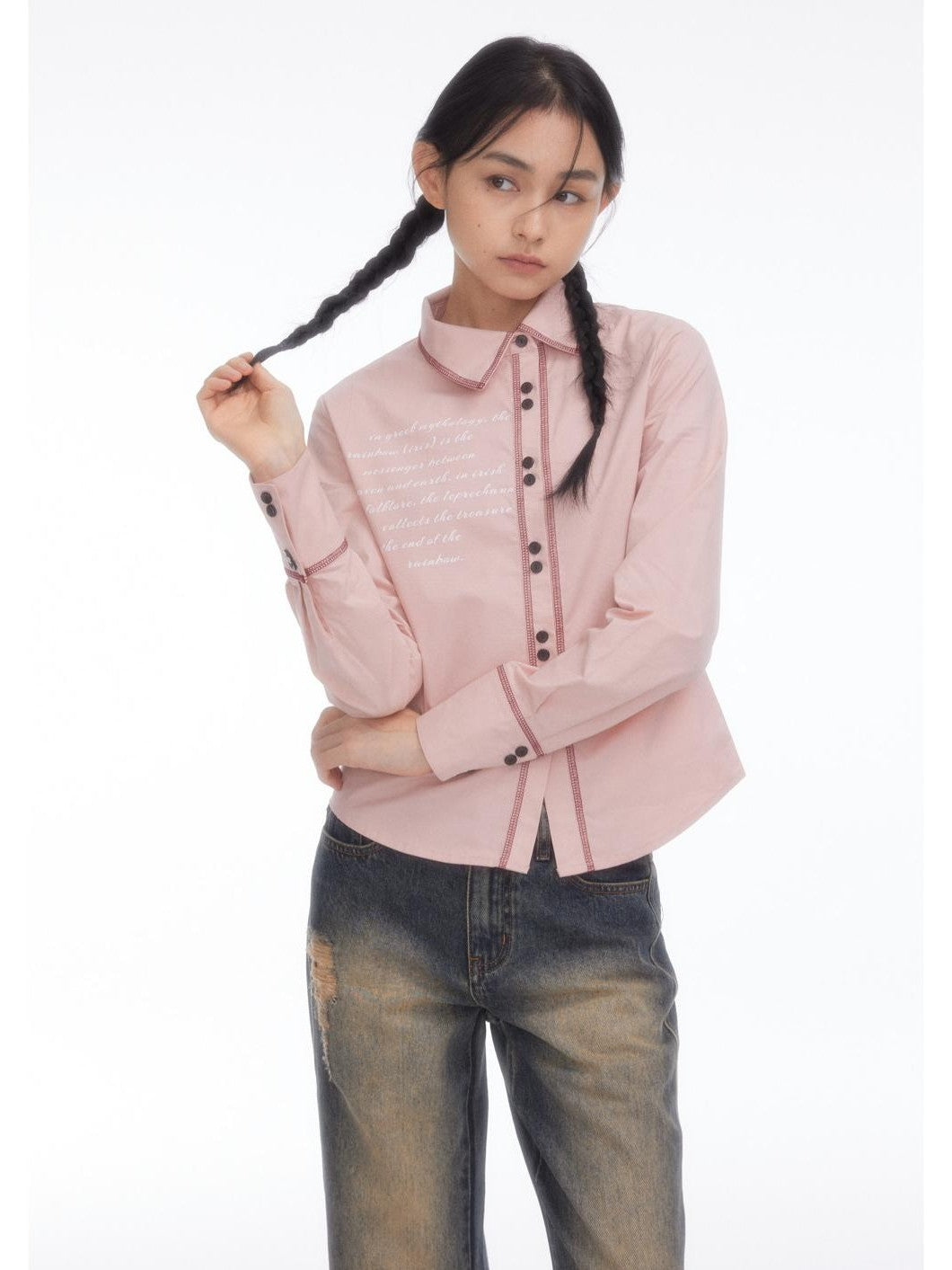 BETWEENAND Pink Asymmetric Slim Waist Long Sleeve Turn Collar Women&