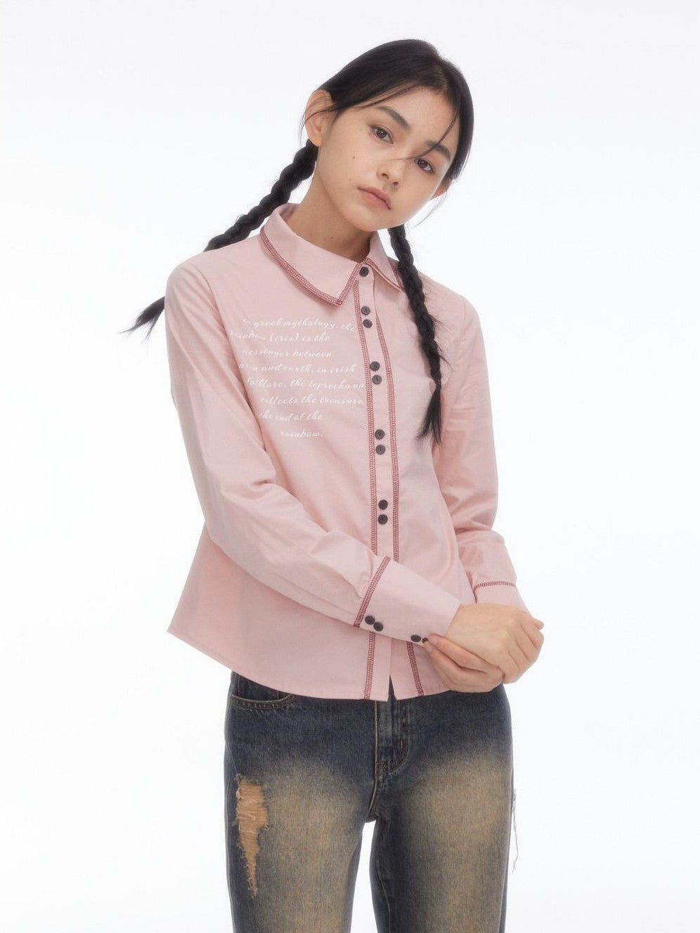 BETWEENAND Pink Asymmetric Slim Waist Long Sleeve Turn Collar Women&