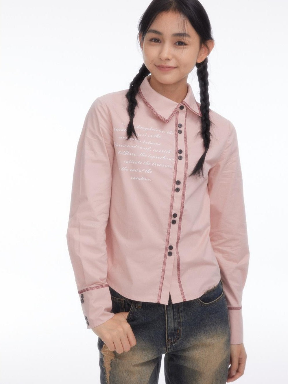 BETWEENAND Pink Asymmetric Slim Waist Long Sleeve Turn Collar Women&