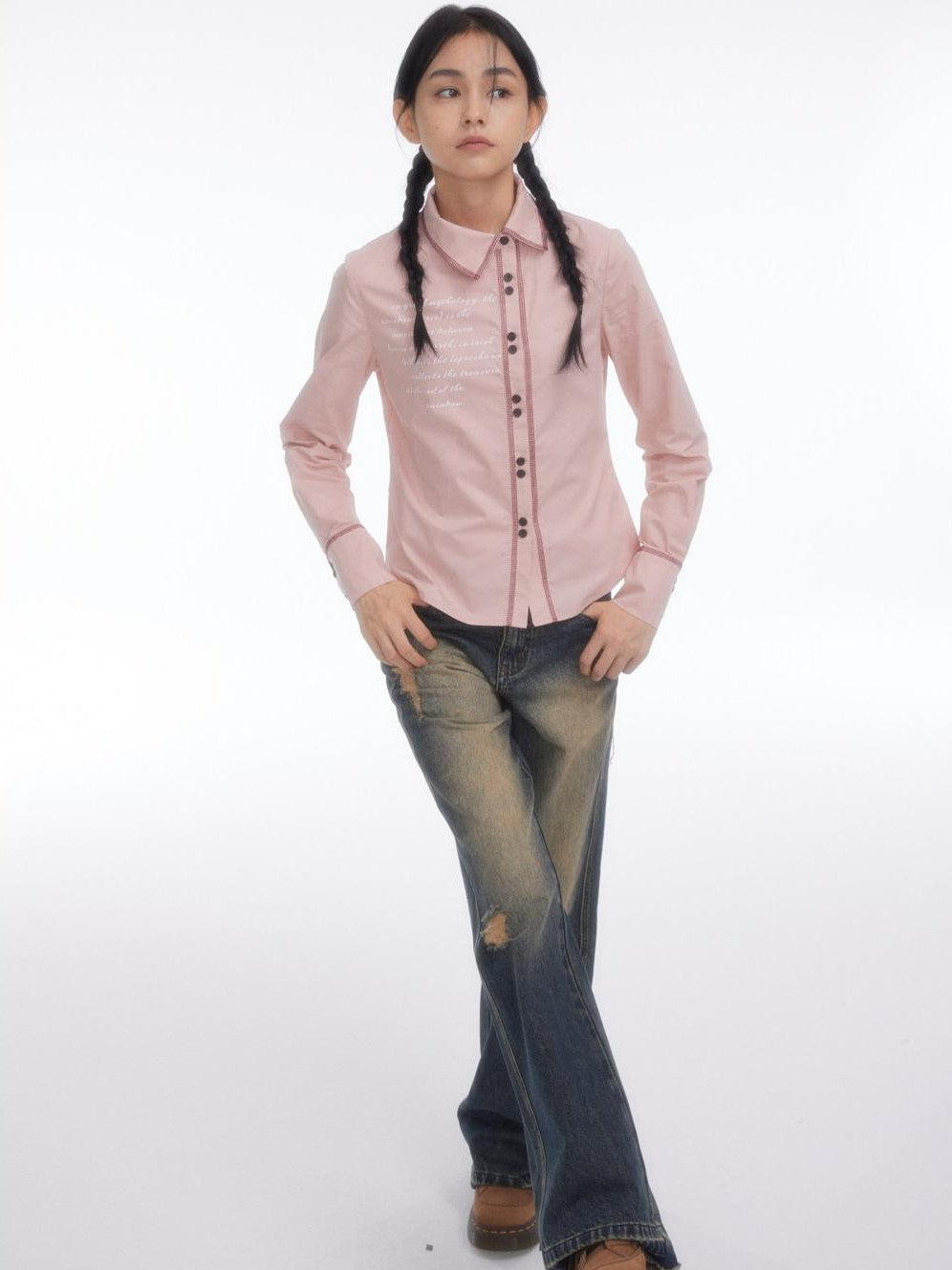 BETWEENAND Pink Asymmetric Slim Waist Long Sleeve Turn Collar Women&