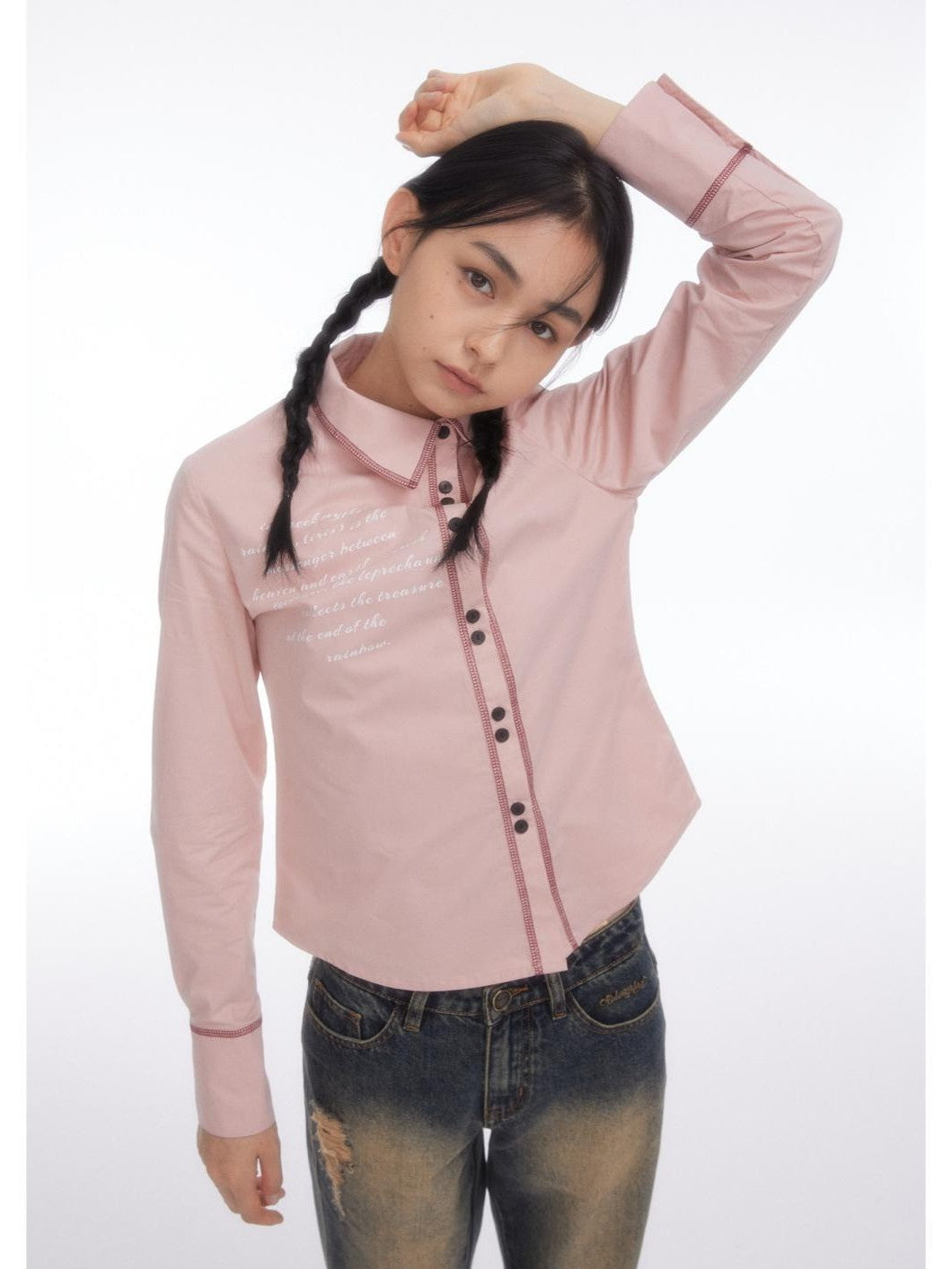 BETWEENAND Pink Asymmetric Slim Waist Long Sleeve Turn Collar Women&