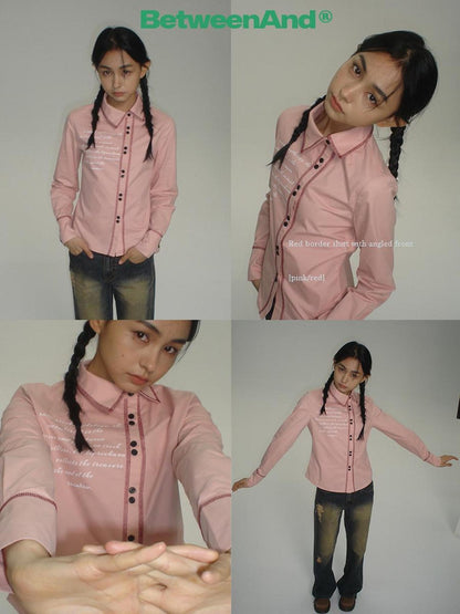 BETWEENAND Pink Asymmetric Slim Waist Long Sleeve Turn Collar Women&