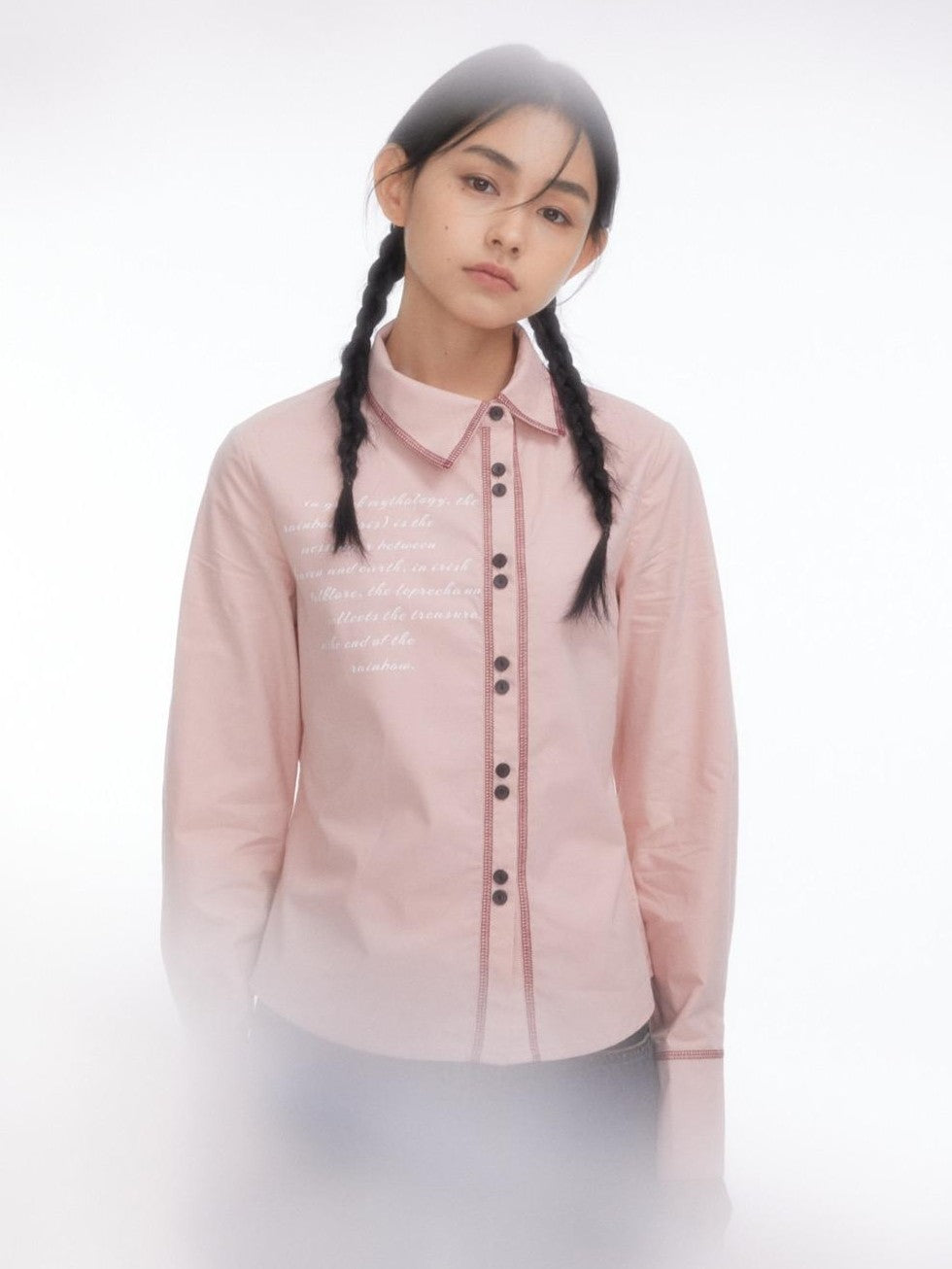 BETWEENAND Pink Asymmetric Slim Waist Long Sleeve Turn Collar Women&
