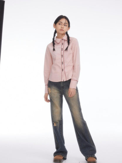 BETWEENAND Pink Asymmetric Slim Waist Long Sleeve Turn Collar Women&
