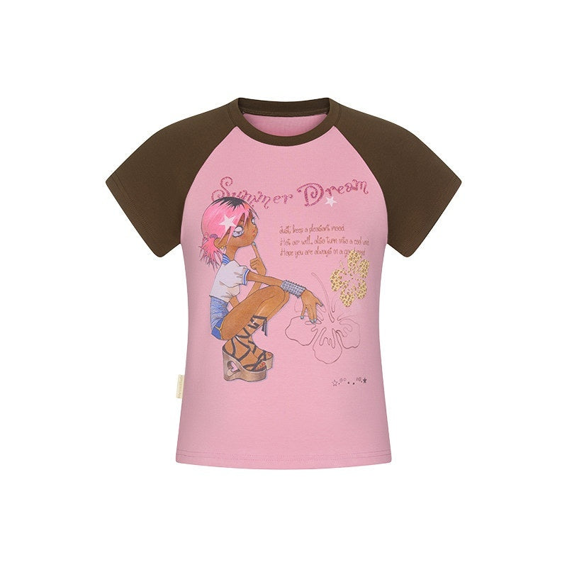 BETWEENAND_Pink_Brown_Printed_Colorblock_Raglan_Women&