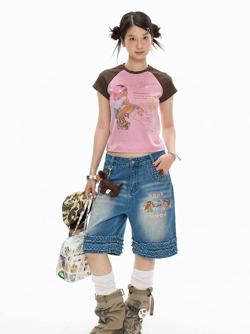 BETWEENAND Pink Brown Printed Colorblock Raglan Women&