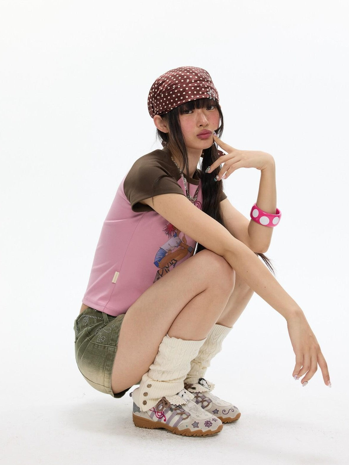 BETWEENAND Pink Brown Printed Colorblock Raglan Women&