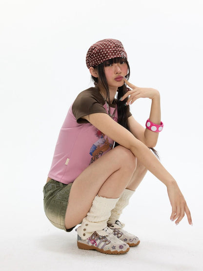 BETWEENAND Pink Brown Printed Colorblock Raglan Women&