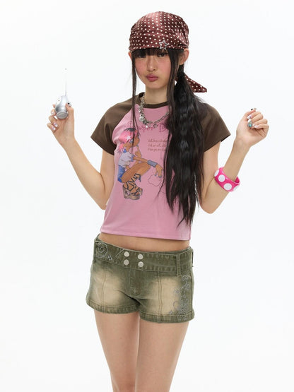 BETWEENAND Pink Brown Printed Colorblock Raglan Women&