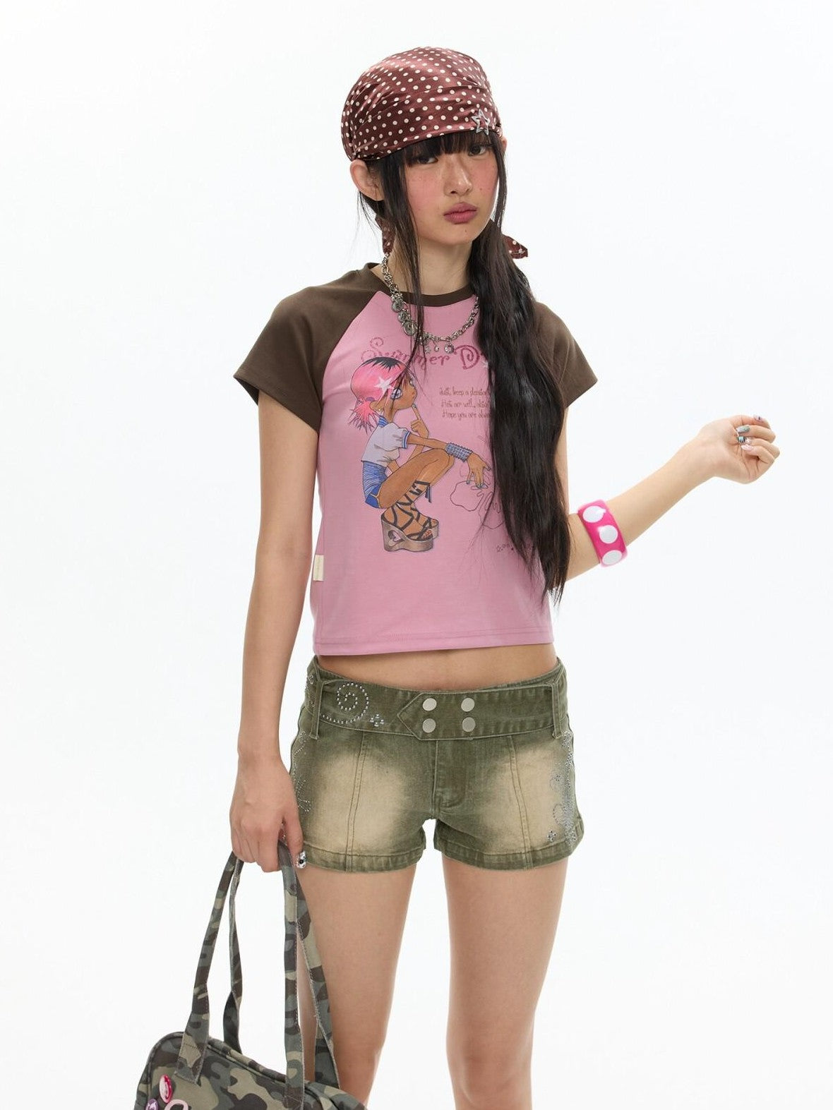 BETWEENAND Pink Brown Printed Colorblock Raglan Women&