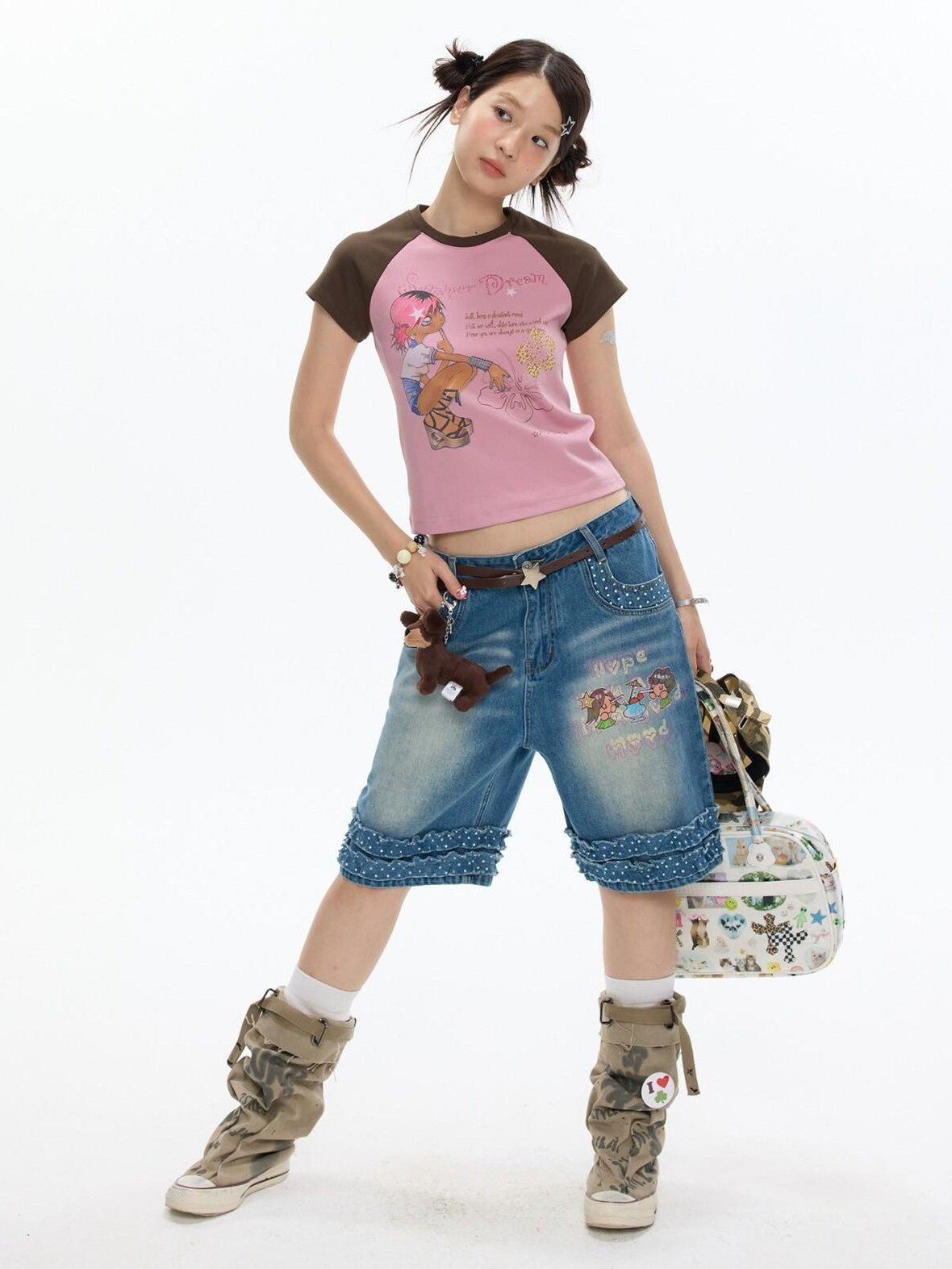 BETWEENAND Pink Brown Printed Colorblock Raglan Women&