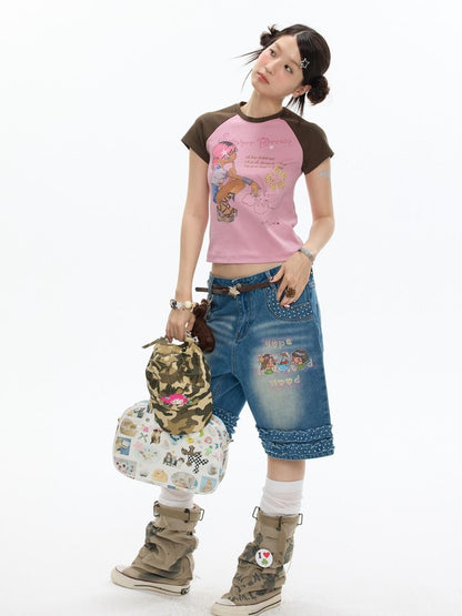 BETWEENAND Pink Brown Printed Colorblock Raglan Women&