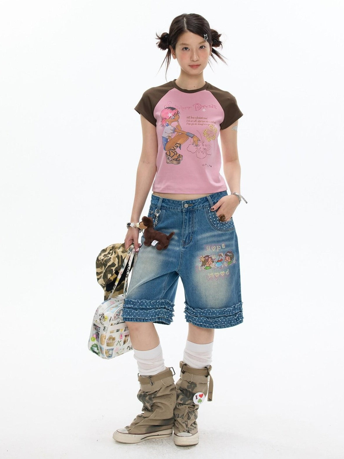BETWEENAND Pink Brown Printed Colorblock Raglan Women&