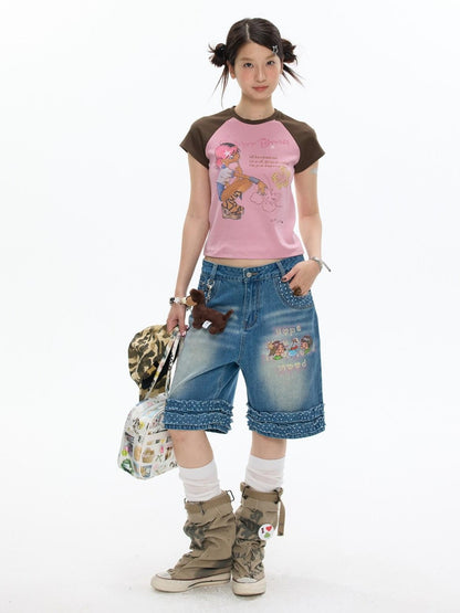 BETWEENAND Pink Brown Printed Colorblock Raglan Women&