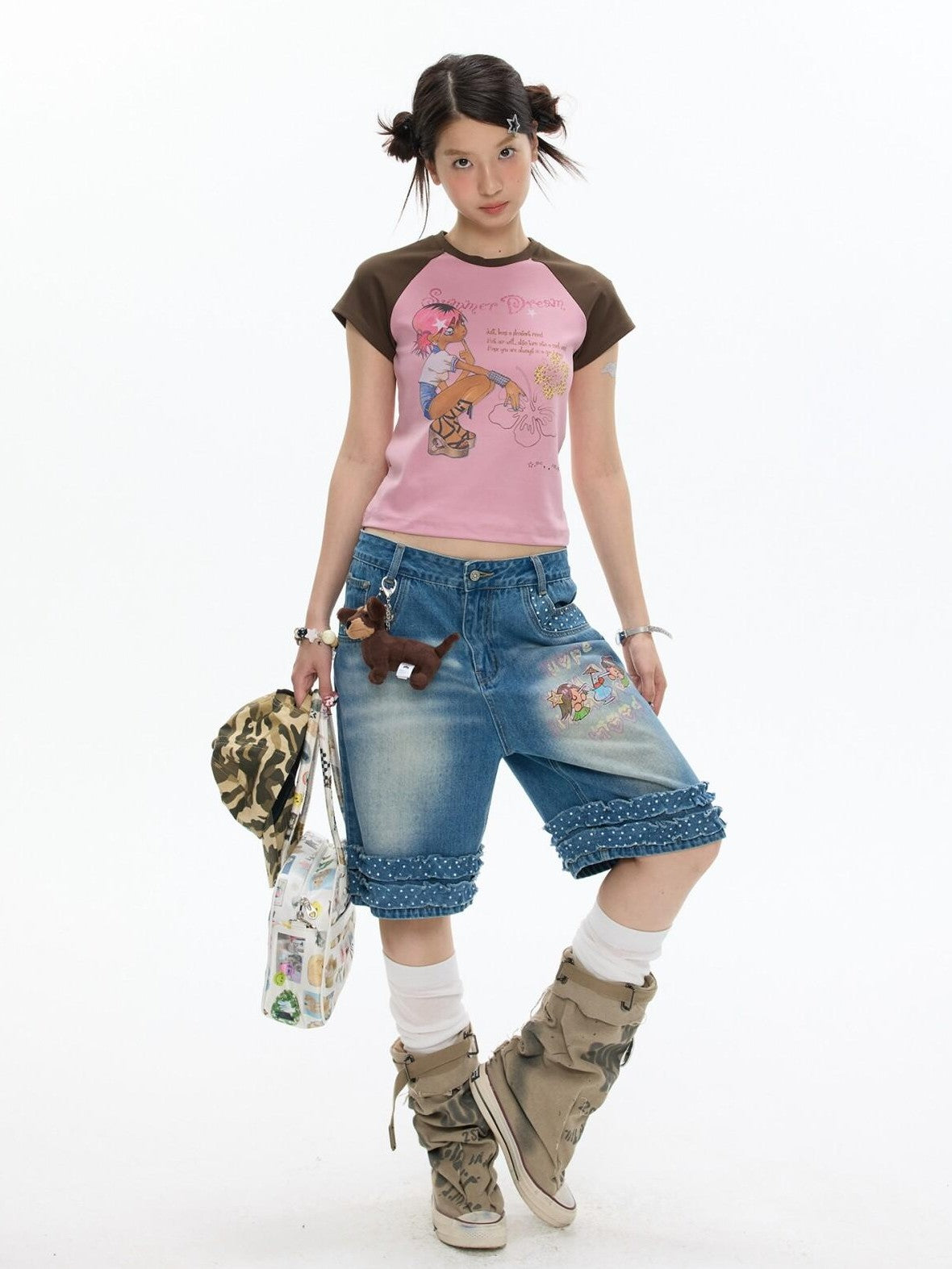 BETWEENAND Pink Brown Printed Colorblock Raglan Women&