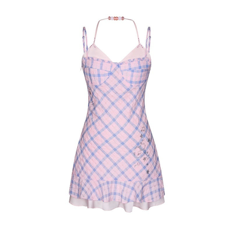 BETWEENAND_Pink_Heart_Lock_Plaid_Rhinestone_Women&