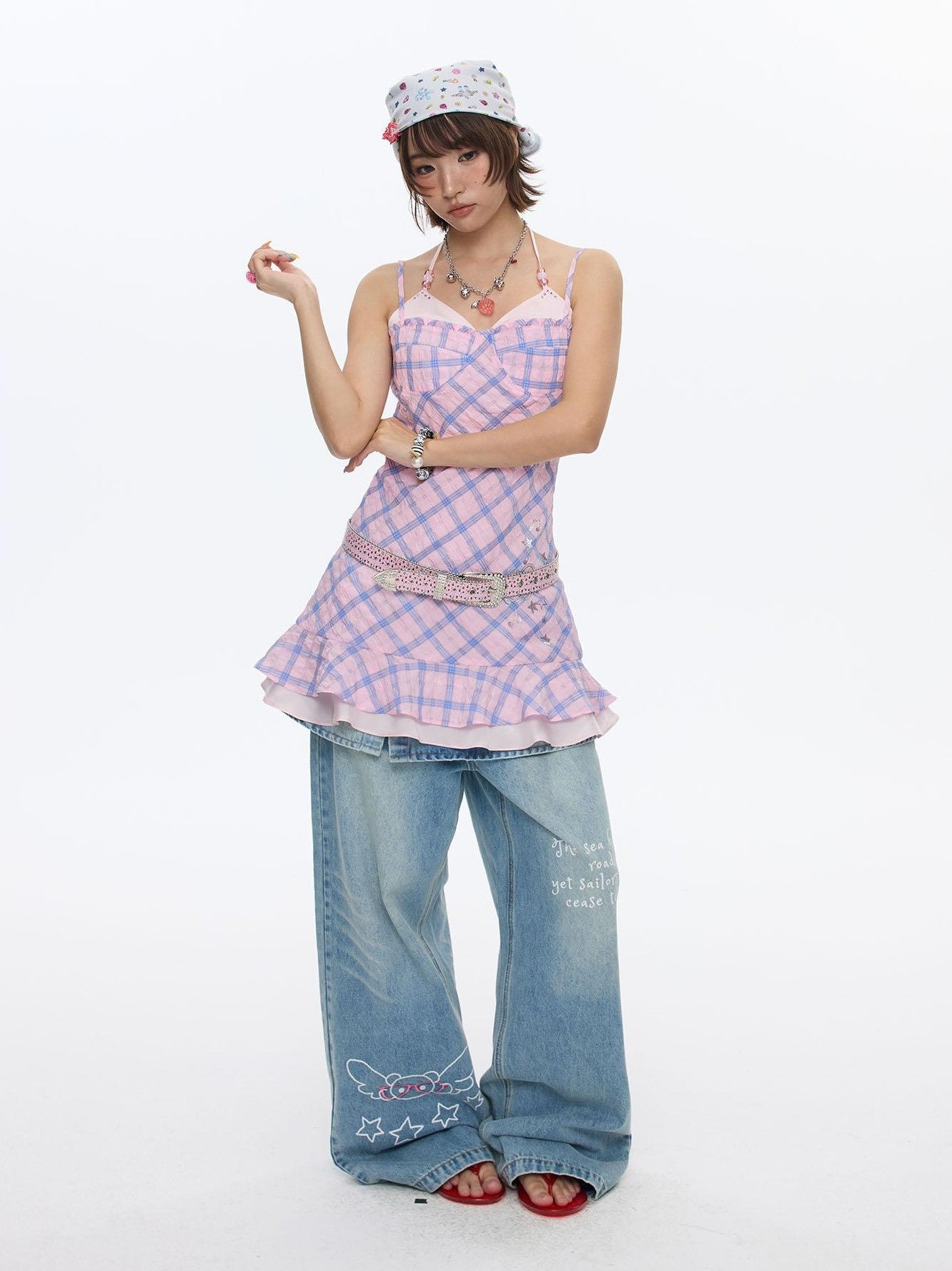 BETWEENAND Pink Heart Lock Plaid Rhinestone Women&