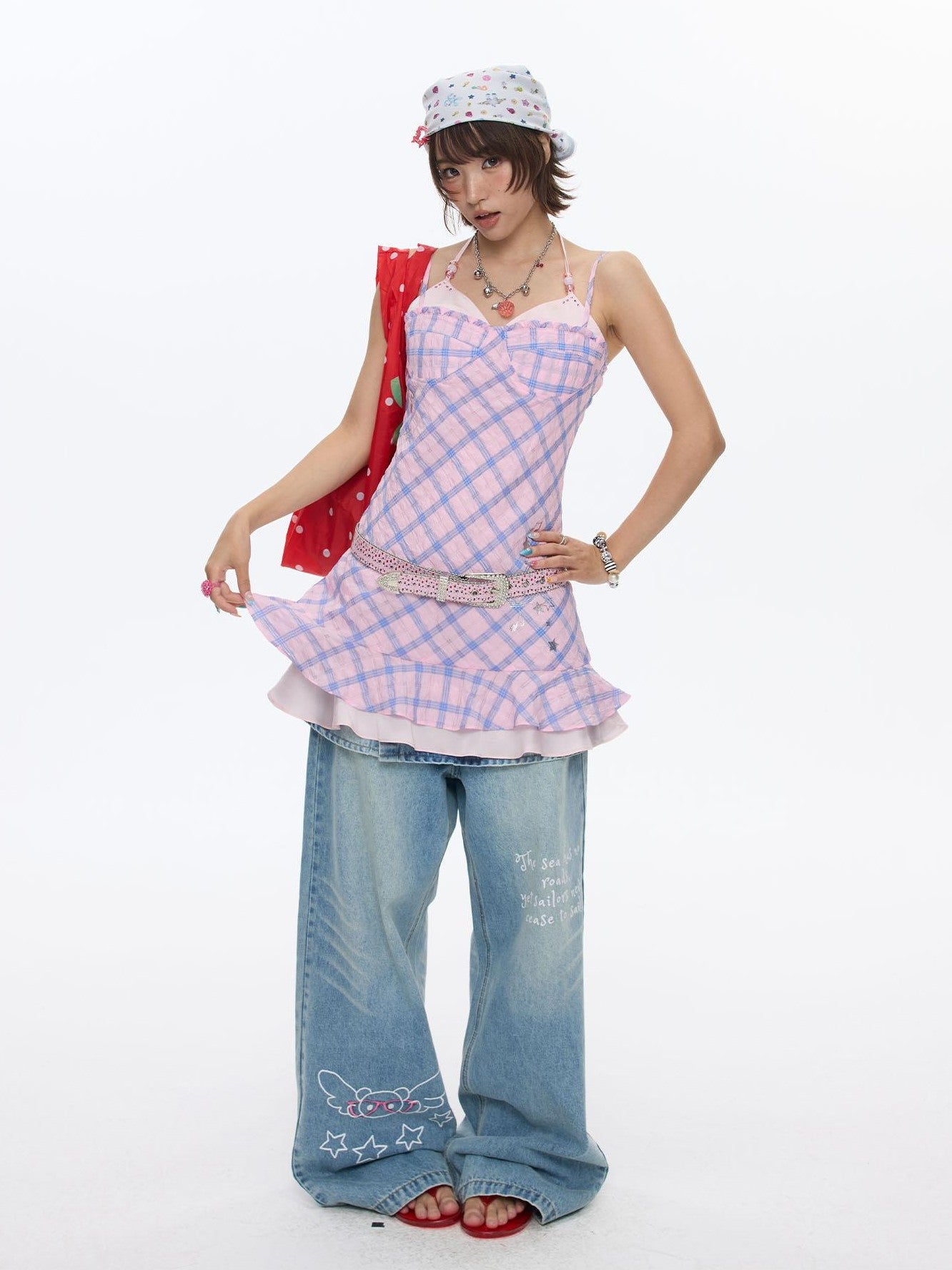BETWEENAND Pink Heart Lock Plaid Rhinestone Women&