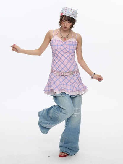 BETWEENAND Pink Heart Lock Plaid Rhinestone Women&