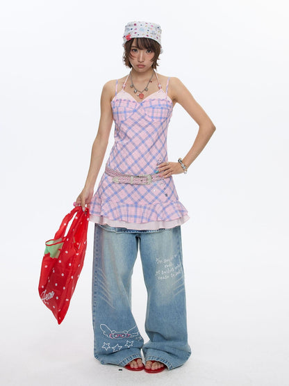 BETWEENAND Pink Heart Lock Plaid Rhinestone Women&