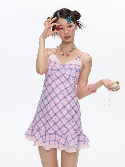 BETWEENAND Pink Heart Lock Plaid Rhinestone Women&