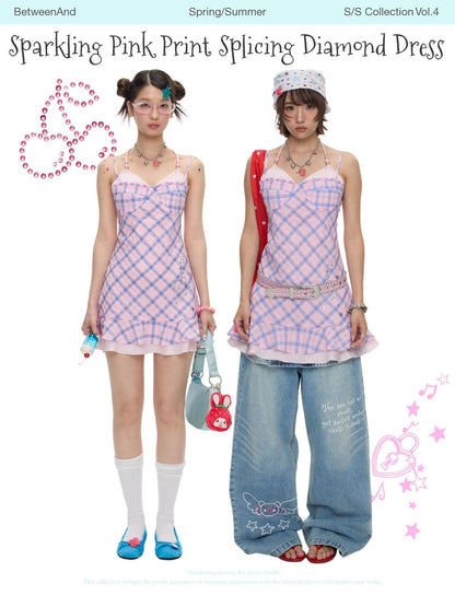 BETWEENAND Pink Heart Lock Plaid Rhinestone Women&